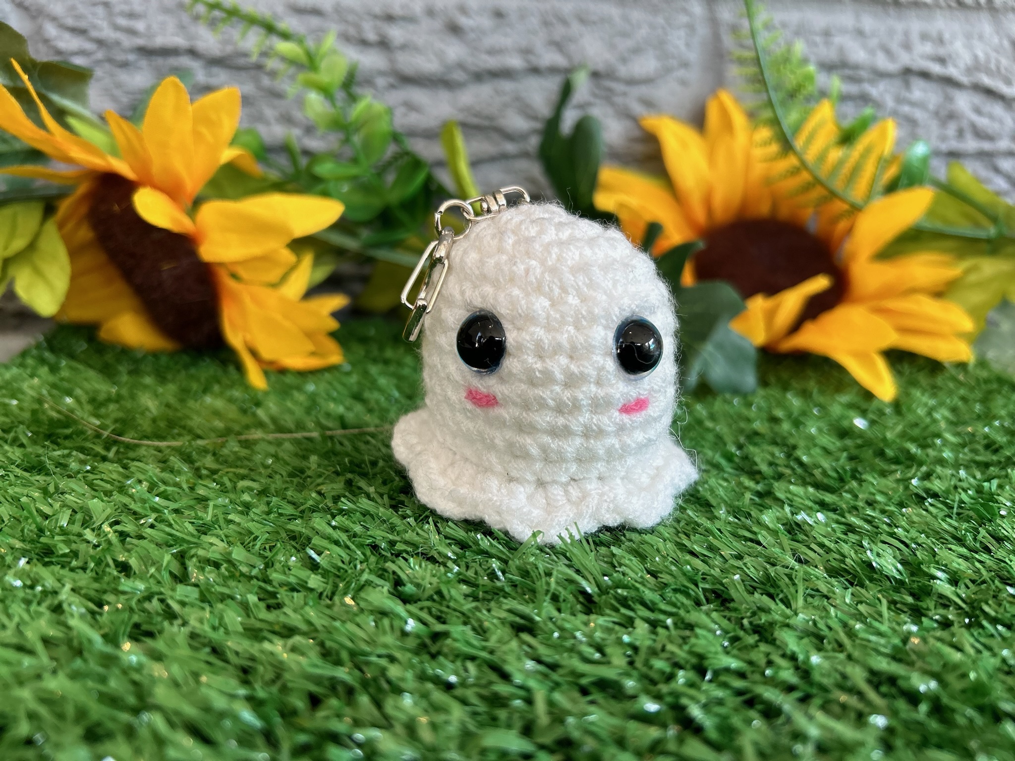 Photo of crocheted ghost keychain