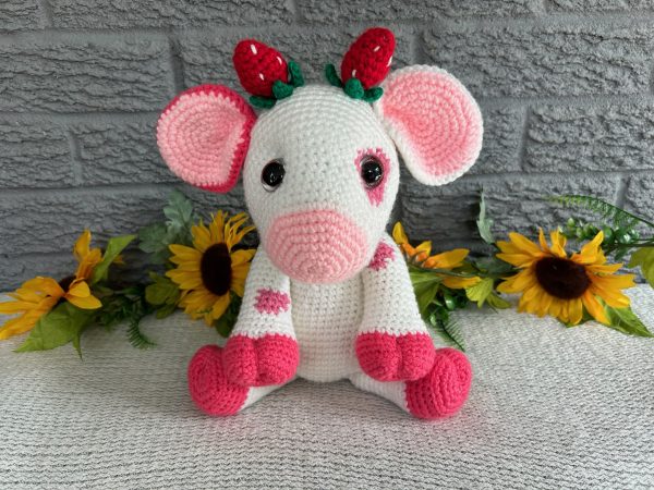 Crocheted Cow in a sweet strawberry print