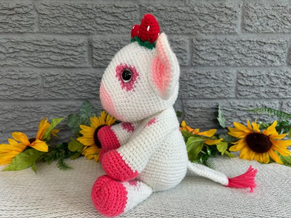 Crocheted Cow in a sweet strawberry print