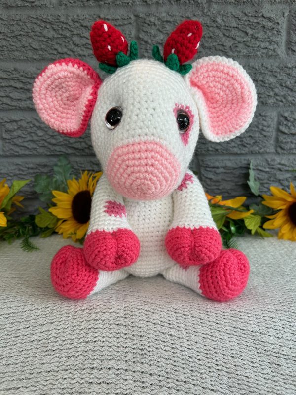 Crocheted Cow in a sweet strawberry print