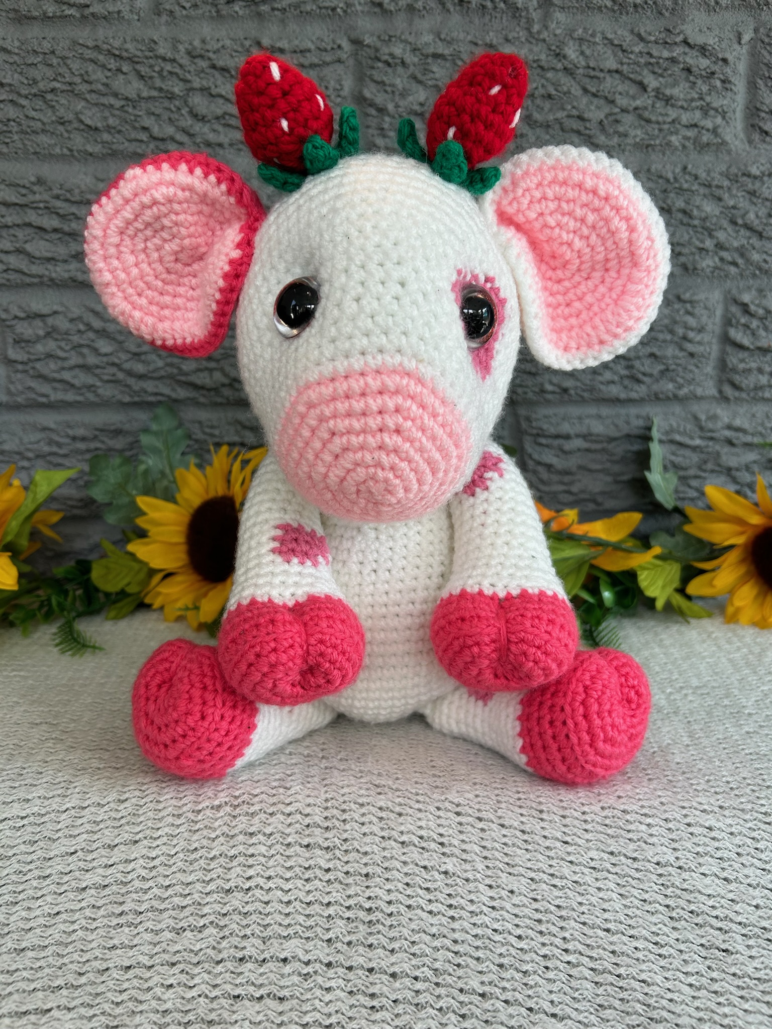 Crocheted Cow in a sweet strawberry print