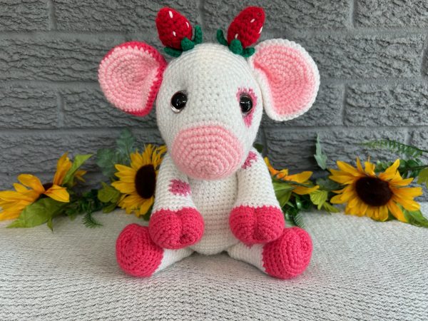 Crocheted Cow in a sweet strawberry print