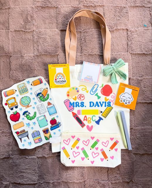 End of school is here. Cute little gift for the teacher. Includes tote bag, pencil case, highlighter,pen, crochet bag charm, sticker sheet, small notepad, and two magnetic bookmarks! #teacherappreciation #smallbuisness #handmadewithlove