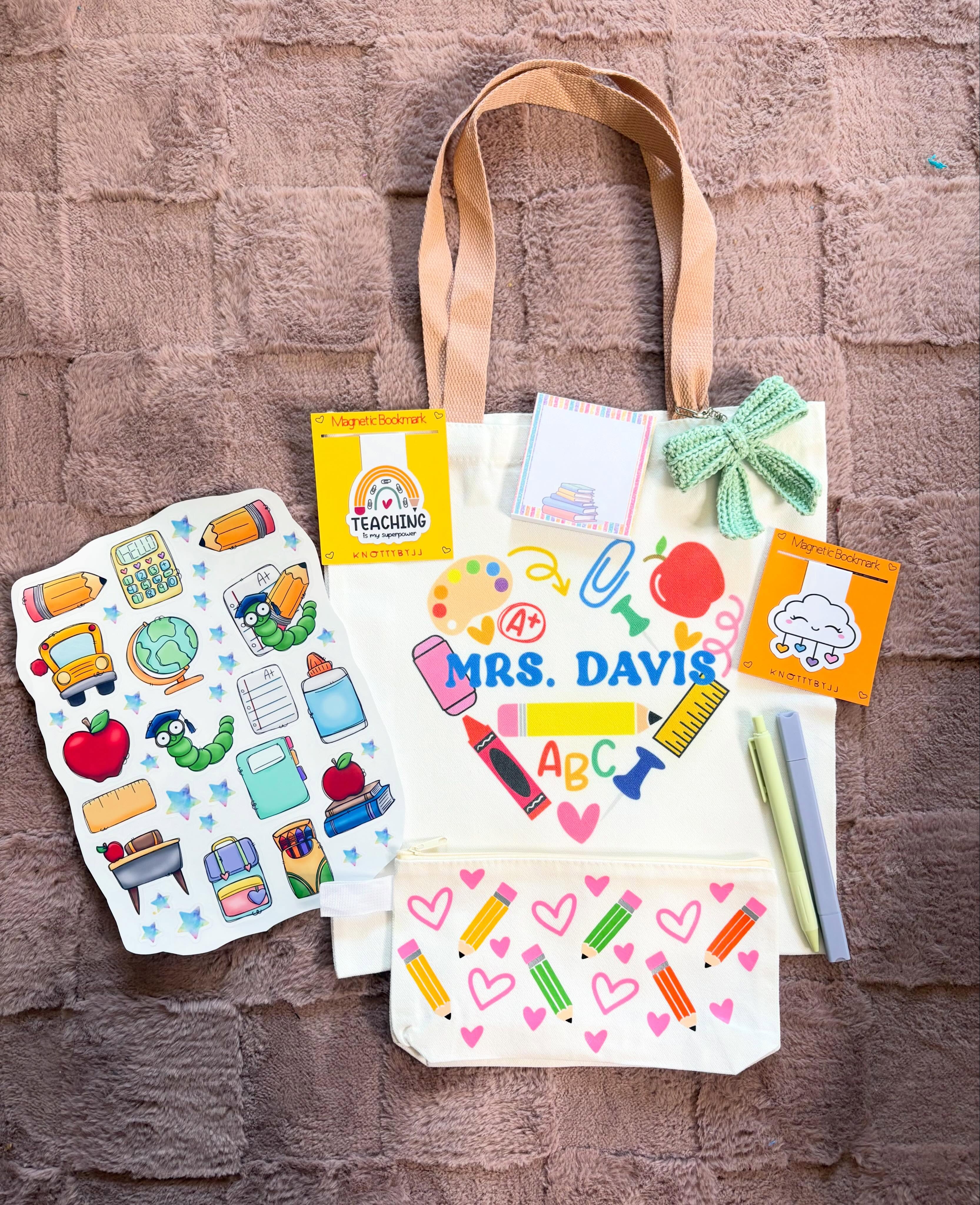 End of school is here. Cute little gift for the teacher. Includes tote bag, pencil case, highlighter,pen, crochet bag charm, sticker sheet, small notepad, and two magnetic bookmarks! #teacherappreciation #smallbuisness #handmadewithlove