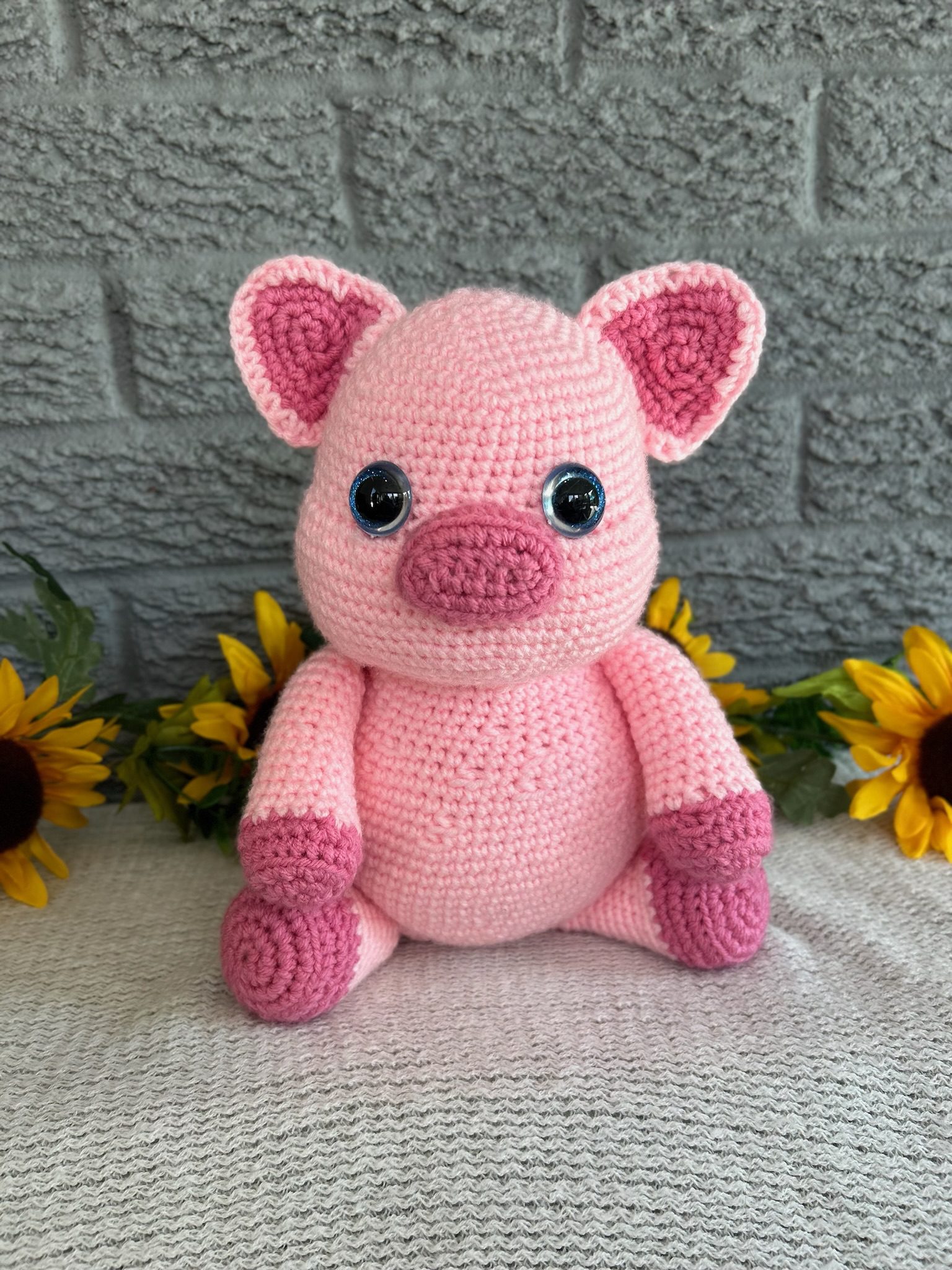 Second view of handmade crocheted stuffed pig
