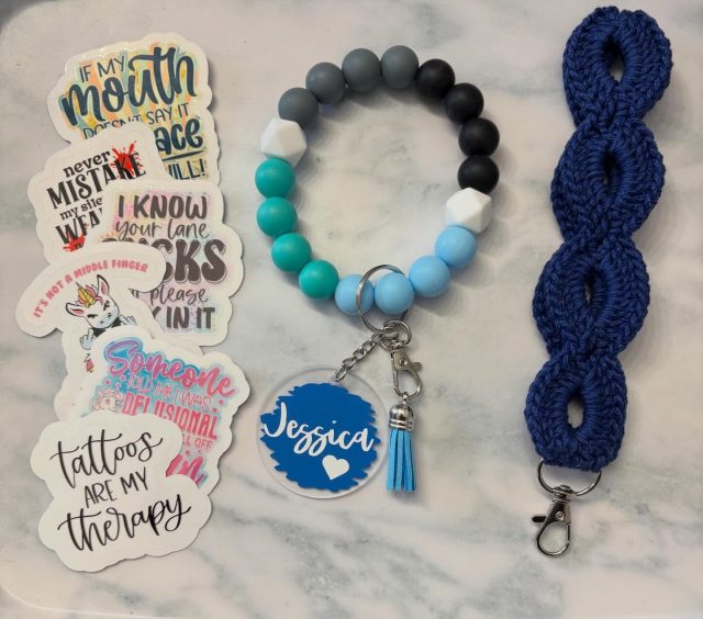 New goodies added 😊 send message to custom order #handmade #stickers #crochetwristlet #beadbracelets