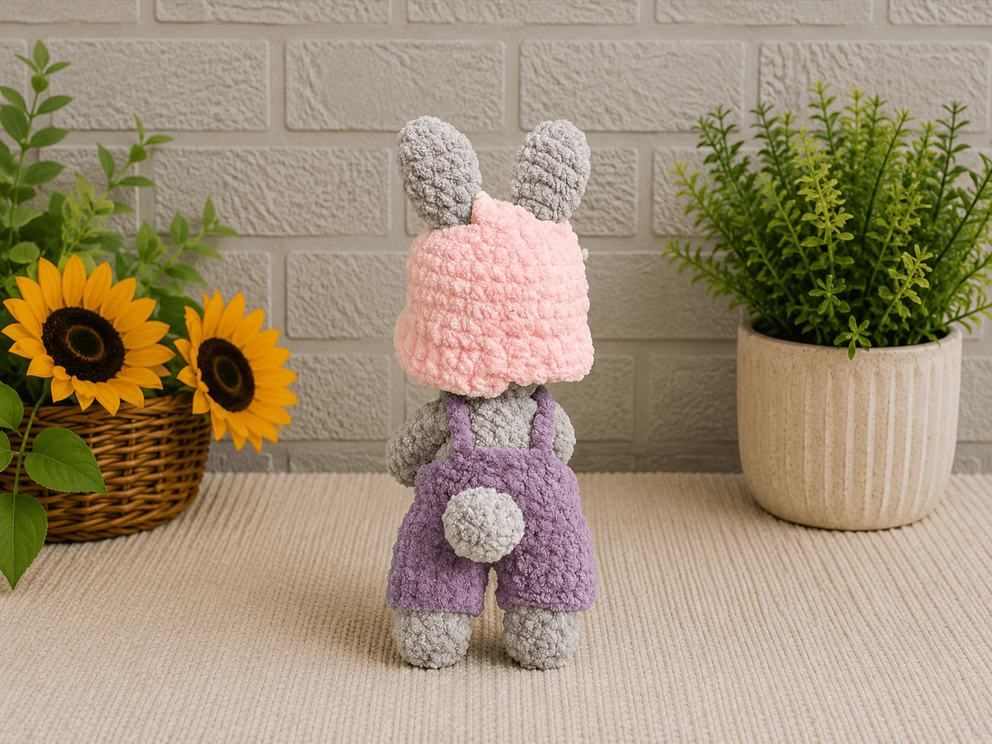 Back view of handmade crochet bunny with Easter basket