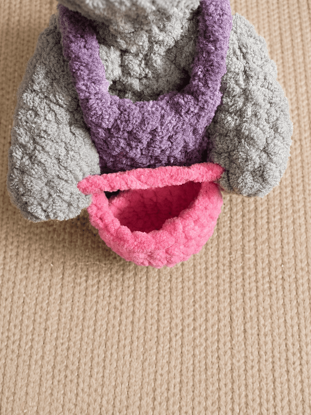Close-up of crochet bunny Easter basket