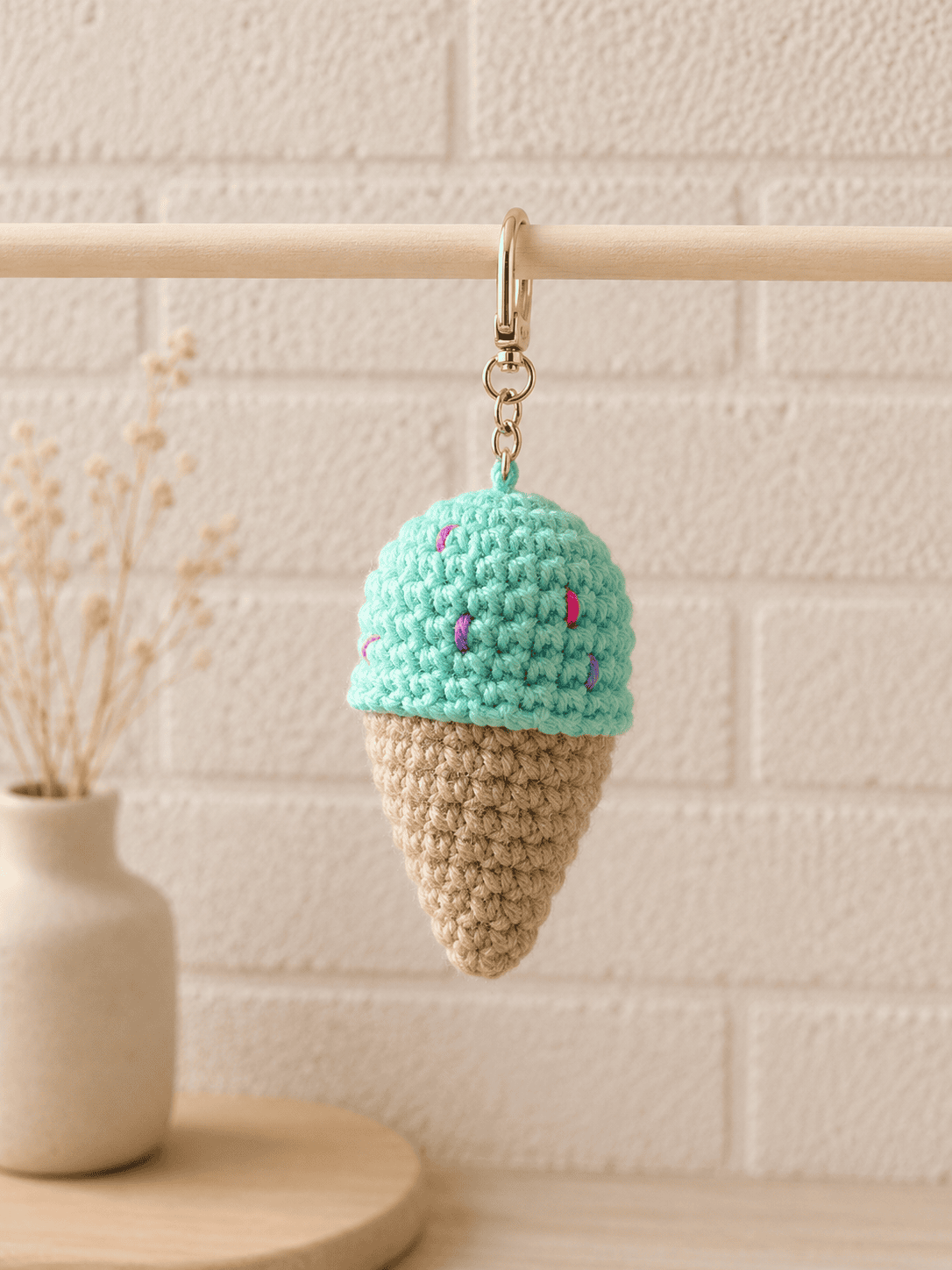 Crochet ice cream keychain hanging on display
