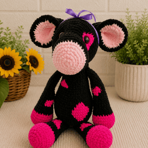 Handmade crochet cow plush in black and pink yarn sitting on a neutral textured surface.