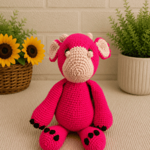 Handmade crochet pink dragon plush sitting upright