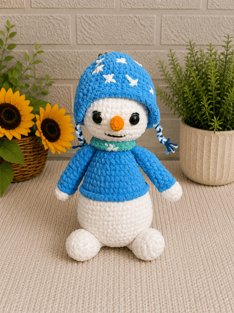 Handmade crochet winter snowman plush wearing a blue sweater, scarf and star-print hat.
